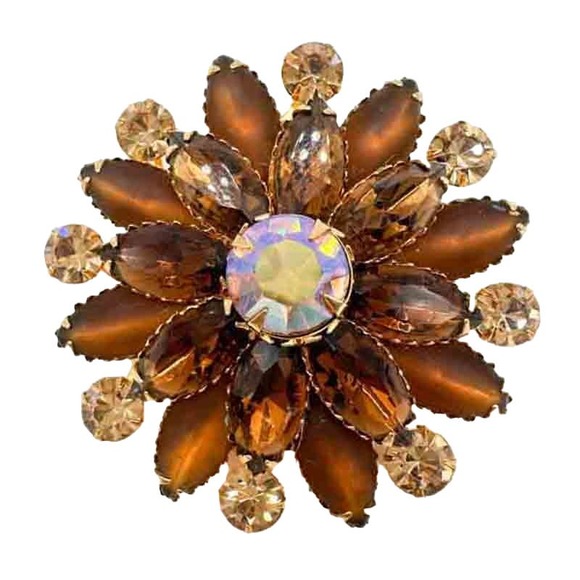 Judy Lee Jewelry - Vintage Signed Judy Lee Rhinestone Brooch Amber Aurora Borealis Star 2" c1970s